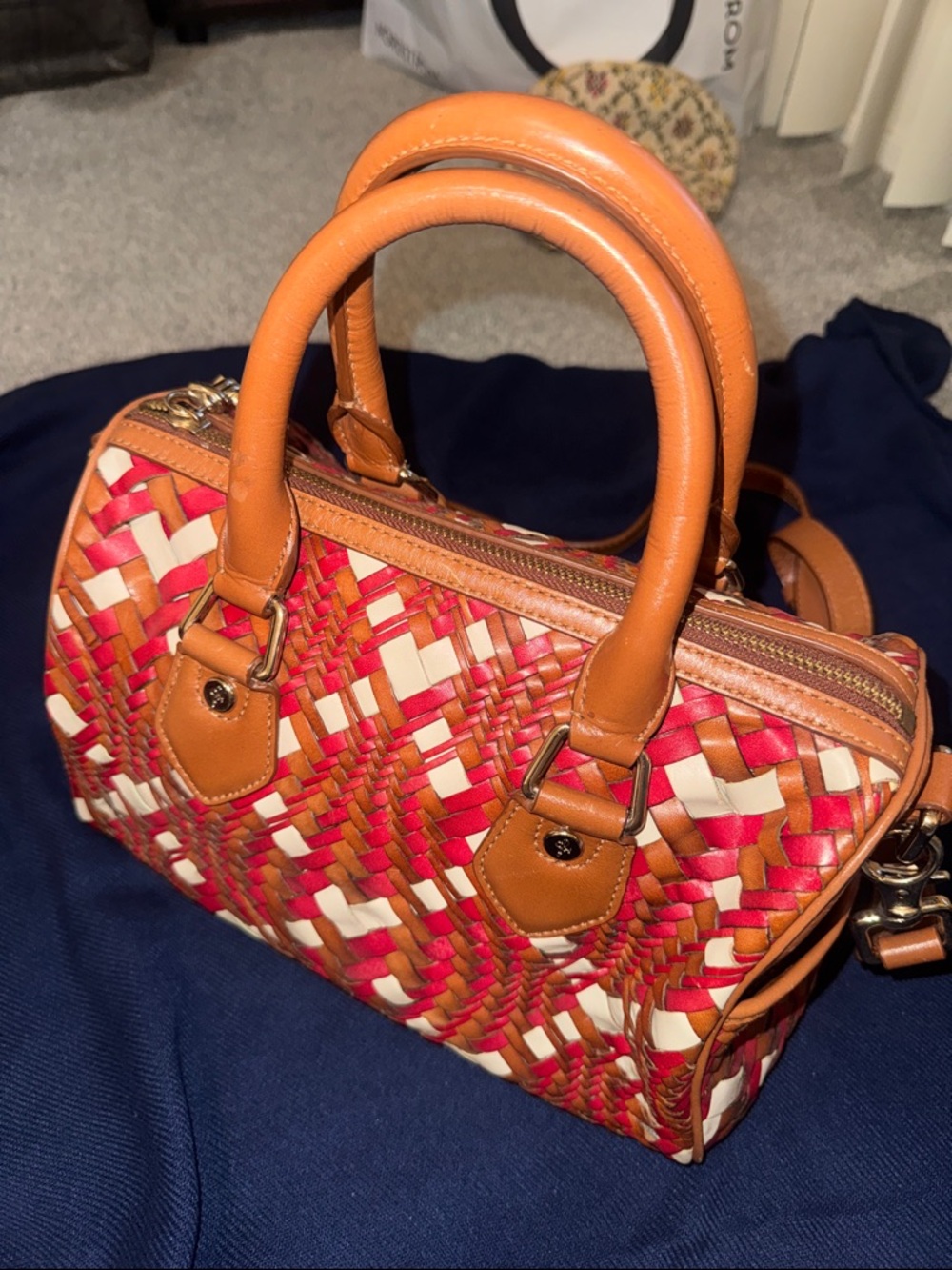 Cole Haan Red, Tan & Cream Woven Top-Handle Satchel